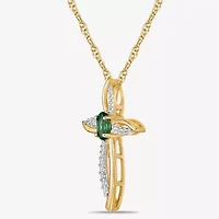 Womens 1/10 CT. T.W. Lab Created Green Emerald 10K Gold Cross 18 Inch Pendant Necklace
