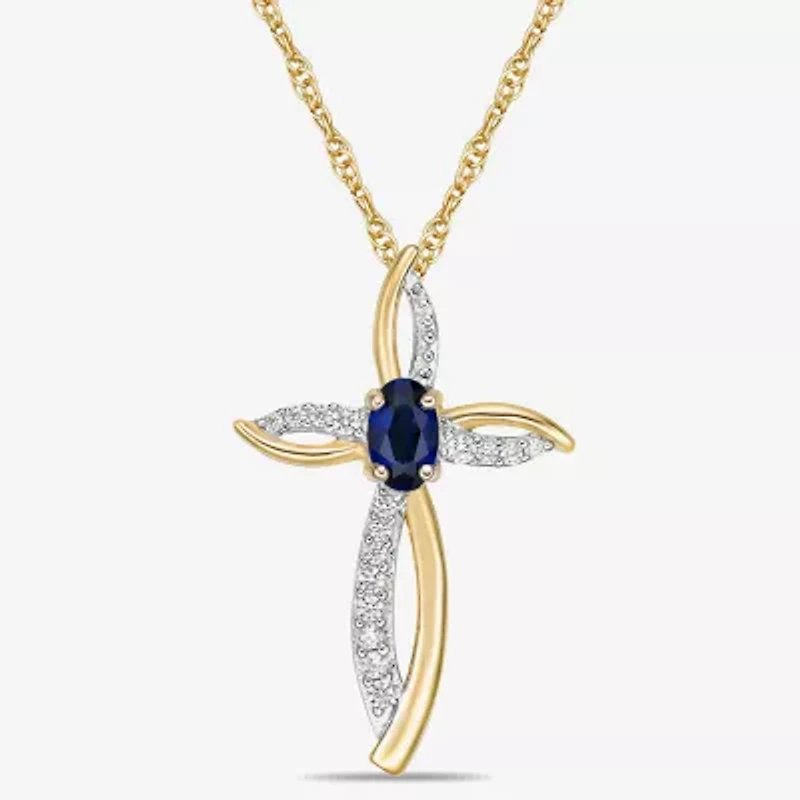 Womens 1/10 CT. T.W. Lab Created Blue Sapphire 10K Gold Cross 18 Inch Pendant Necklace