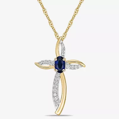 Womens 1/10 CT. T.W. Lab Created Blue Sapphire 10K Gold Cross 18 Inch Pendant Necklace