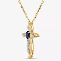 Womens 1/10 CT. T.W. Lab Created Blue Sapphire 10K Gold Cross 18 Inch Pendant Necklace