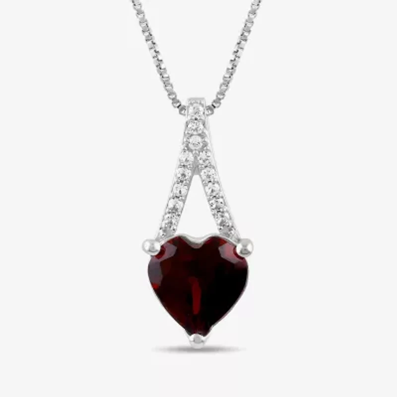 Womens Genuine Red Garnet Sterling Silver Heart 18 Inch Pendant Necklace