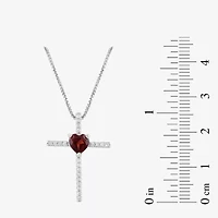 Womens Genuine Red Garnet Sterling Silver Cross Heart 18 Inch Pendant Necklace
