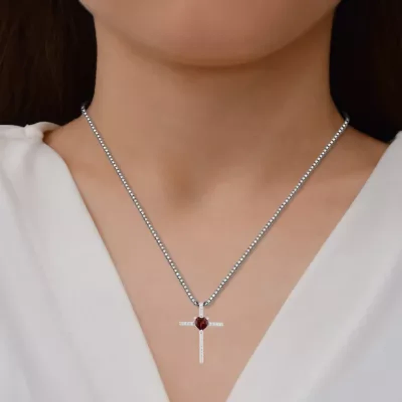 Womens Genuine Red Garnet Sterling Silver Cross Heart 18 Inch Pendant Necklace