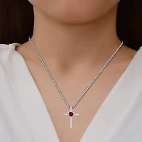 Womens Genuine Red Garnet Sterling Silver Cross Heart 18 Inch Pendant Necklace