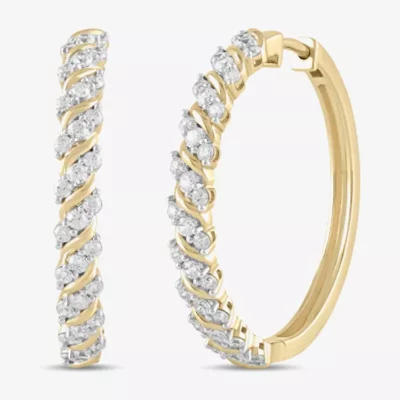 (H / I1-I2) Womens 1 CT. T.W. Lab Grown White Diamond 14K Gold Over Silver 28.2mm Hoop Earrings