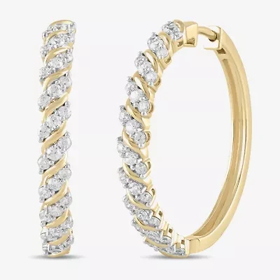 (H / I1-I2) Womens 1 CT. T.W. Lab Grown White Diamond 14K Gold Over Silver 28.2mm Hoop Earrings