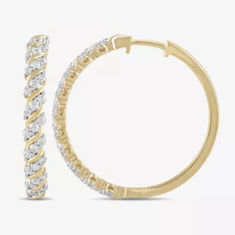 (H / I1-I2) Womens 1 CT. T.W. Lab Grown White Diamond 14K Gold Over Silver 28.2mm Hoop Earrings