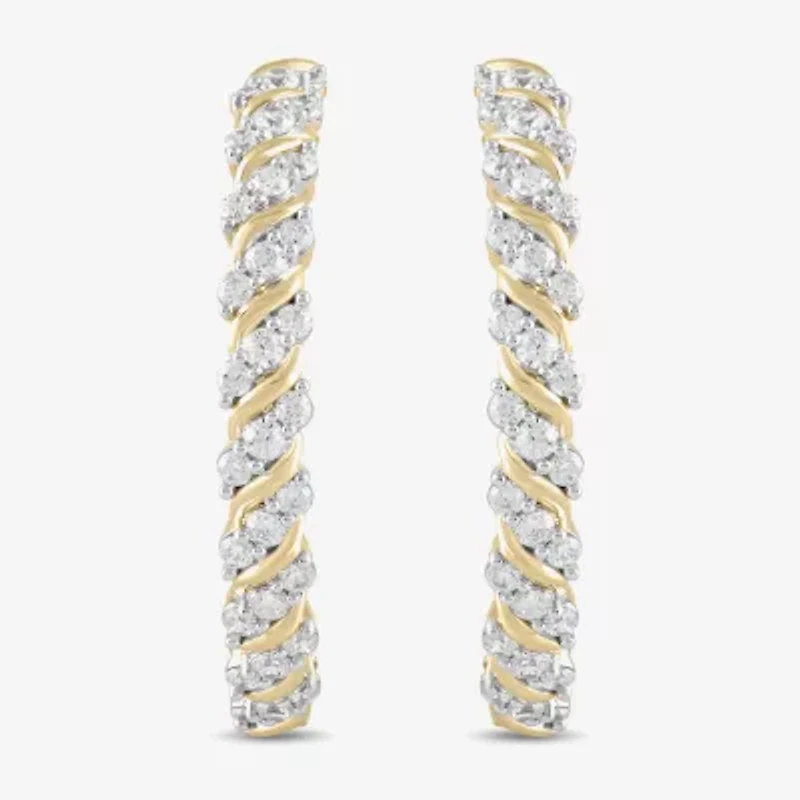 (H / I1-I2) Womens 1 CT. T.W. Lab Grown White Diamond 14K Gold Over Silver 28.2mm Hoop Earrings