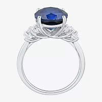Womens Lab Created Blue Sapphire Sterling Silver Oval Side Stone Cocktail Ring
