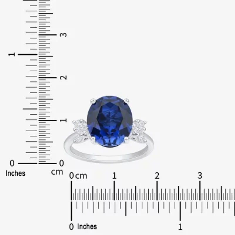 Womens Lab Created Blue Sapphire Sterling Silver Oval Side Stone Cocktail Ring