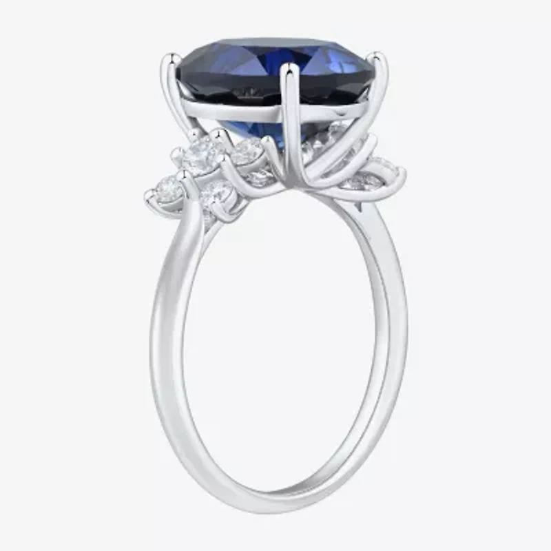 Womens Lab Created Blue Sapphire Sterling Silver Oval Side Stone Cocktail Ring