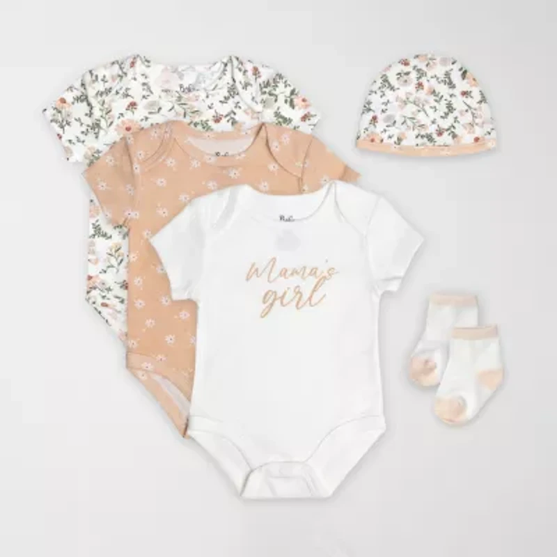 Baby Essentials Girls Crew Neck Short Sleeve 3-pc. Bodysuit