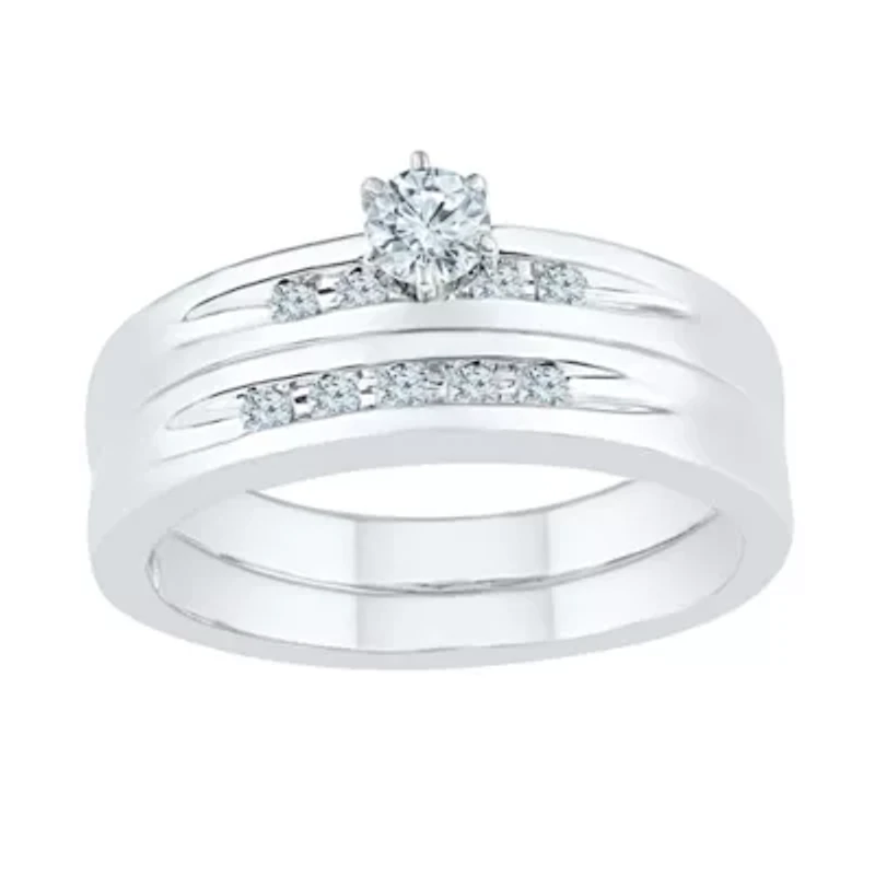 Womens 1/4 CT. T.W. Natural White Diamond Sterling Silver Round Side Stone Bridal Set
