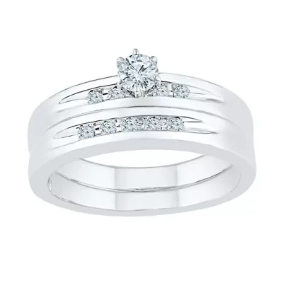 Womens 1/4 CT. T.W. Natural White Diamond Sterling Silver Round Side Stone Bridal Set
