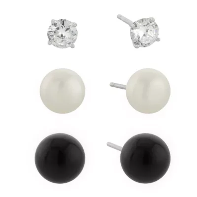 Silver Treasures 3 Pair Cultured Freshwater Pearl Onyx Earring Set