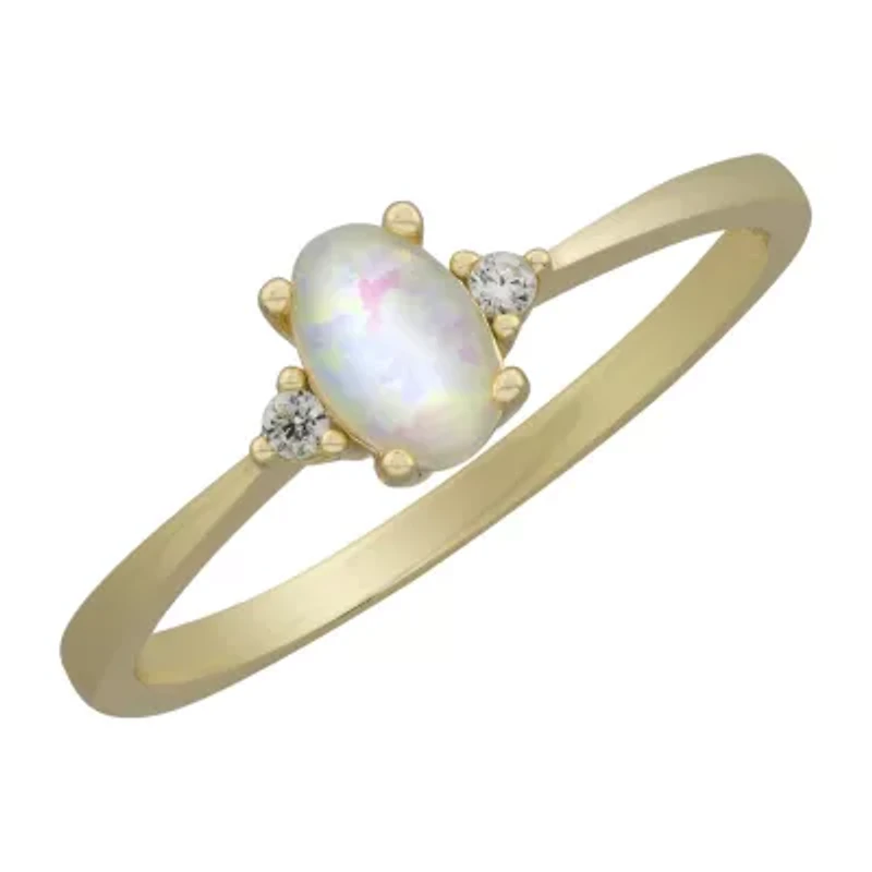 Silver Treasures Womens White Opal 14K Gold Over Oval Delicate Cocktail Ring
