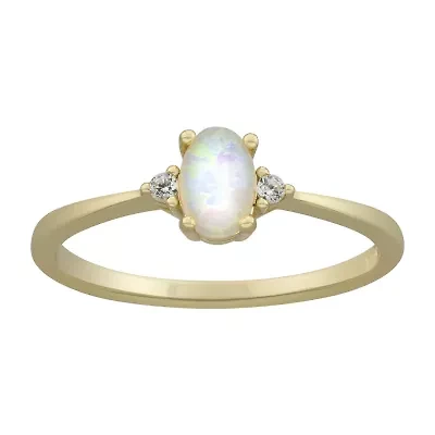 Silver Treasures Womens White Opal 14K Gold Over Oval Delicate Cocktail Ring