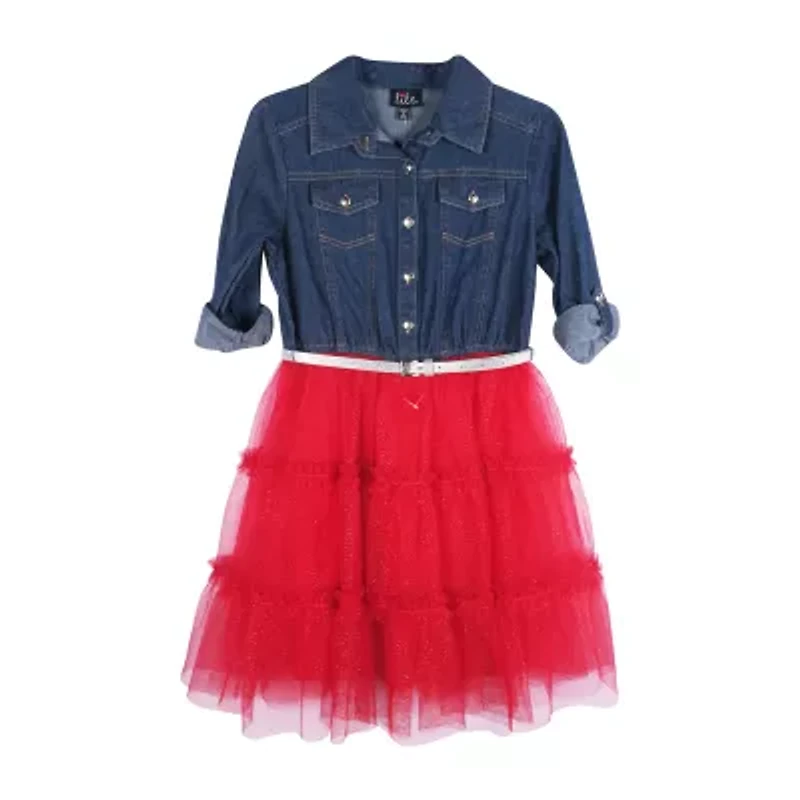 Lilt Little & Big Kid Girls 3/4 Sleeve Roll Tab Sleeve Tutu Dress
