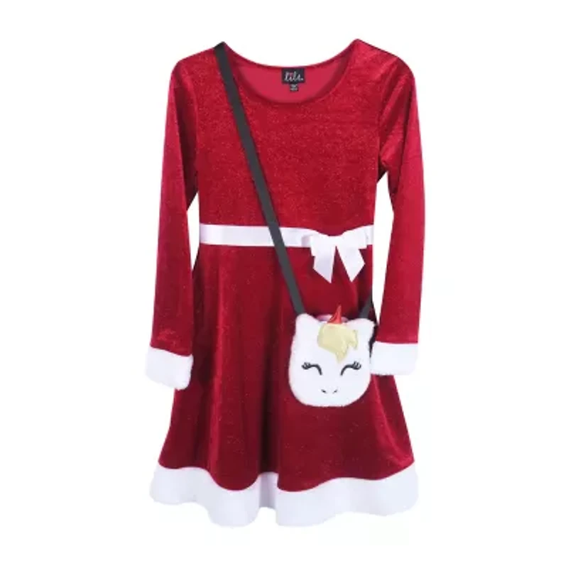 Lilt Little & Big Kid Girls Long Sleeve Fitted Velvet Fit + Flare Dress