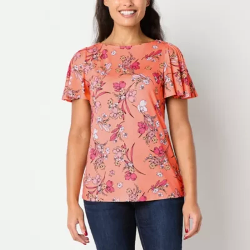 Liz Claiborne Womens Round Neck Short Sleeve Blouse
