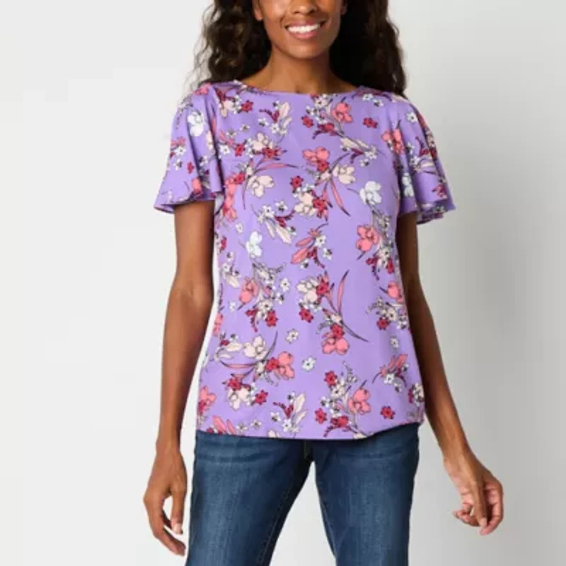 Liz Claiborne Womens Round Neck Short Sleeve Blouse