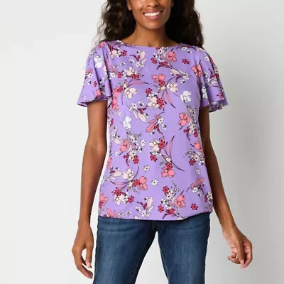 Liz Claiborne Womens Round Neck Short Sleeve Blouse