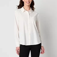 Stylus Womens V Neck Long Sleeve Button-Down Shirt