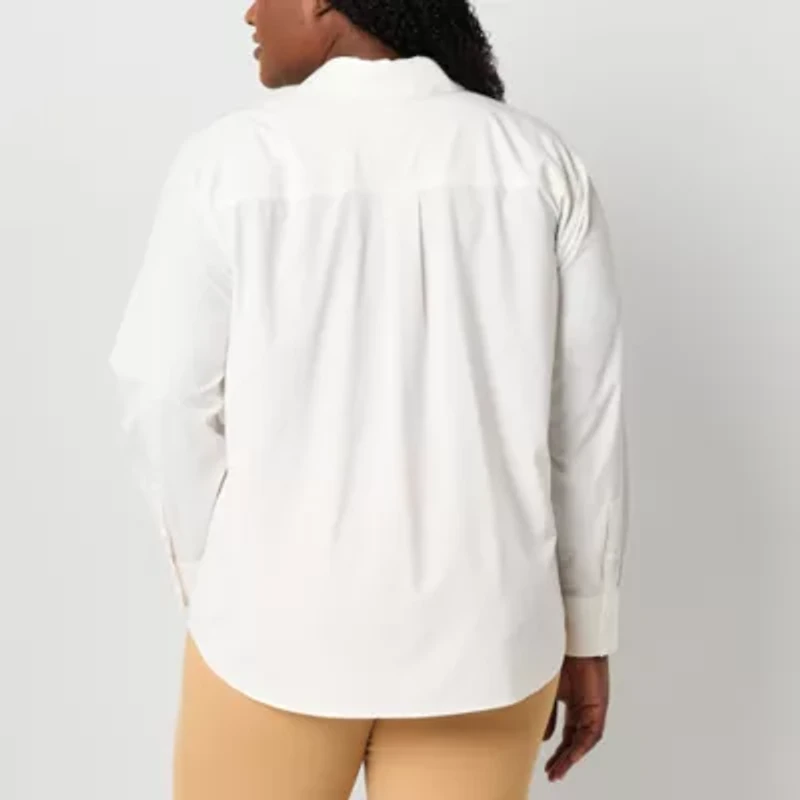 Stylus Womens V Neck Long Sleeve Plus Button-Down Shirt