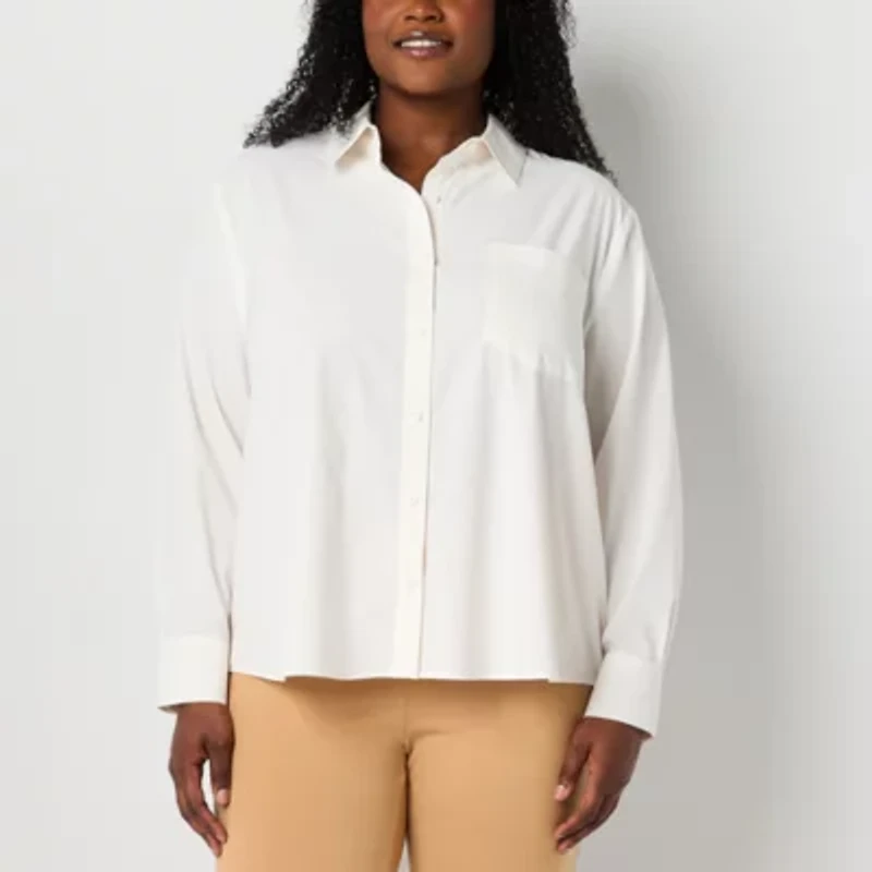 Stylus Womens V Neck Long Sleeve Plus Button-Down Shirt