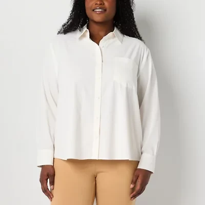 Stylus Womens V Neck Long Sleeve Plus Button-Down Shirt