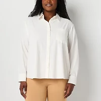 Stylus Womens V Neck Long Sleeve Plus Button-Down Shirt
