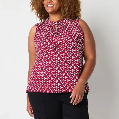 Liz Claiborne Womens Plus Split Tie Neck Sleeveless Blouse