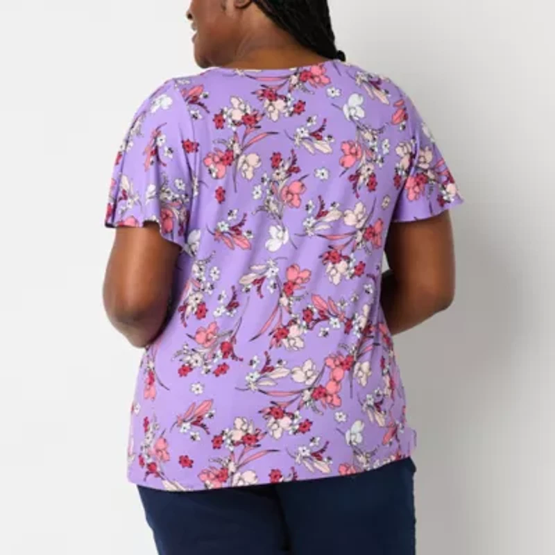 Liz Claiborne Womens Plus Round Neck Short Sleeve Blouse