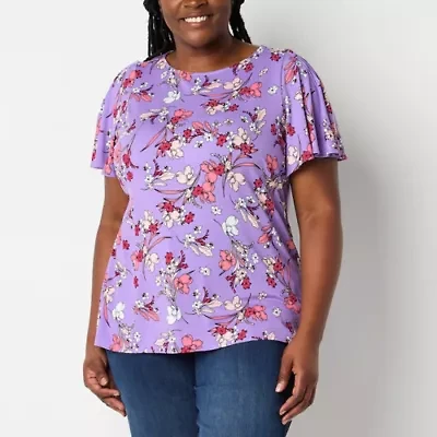 Liz Claiborne Womens Plus Round Neck Short Sleeve Blouse