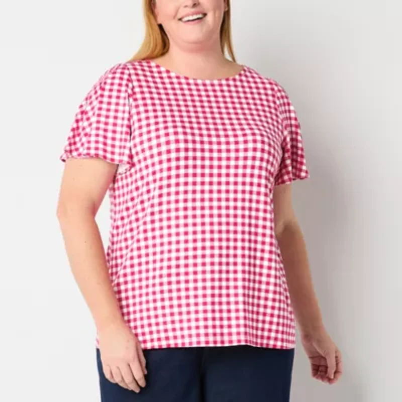 Liz Claiborne Womens Plus Round Neck Short Sleeve Blouse