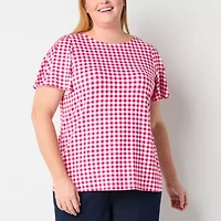 Liz Claiborne Womens Plus Round Neck Short Sleeve Blouse