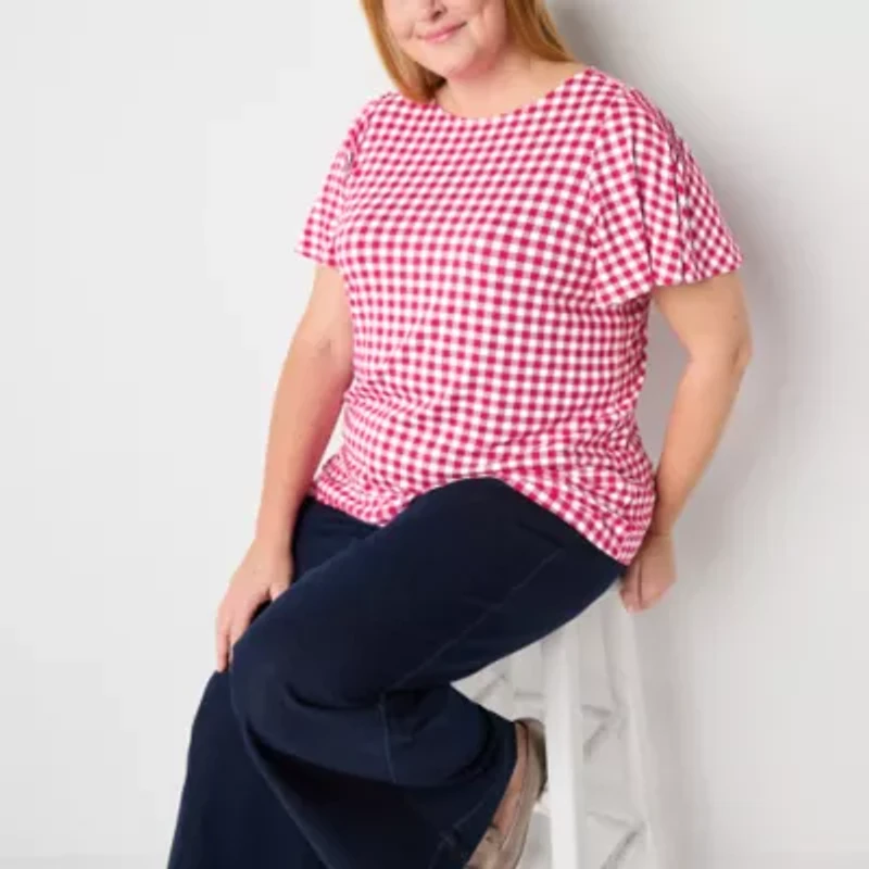 Liz Claiborne Womens Plus Round Neck Short Sleeve Blouse