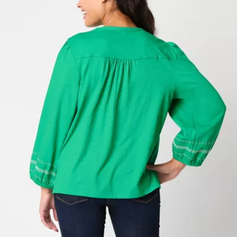 St. John's Bay Womens Split Crew Neck Long Sleeve Embroidered Blouse