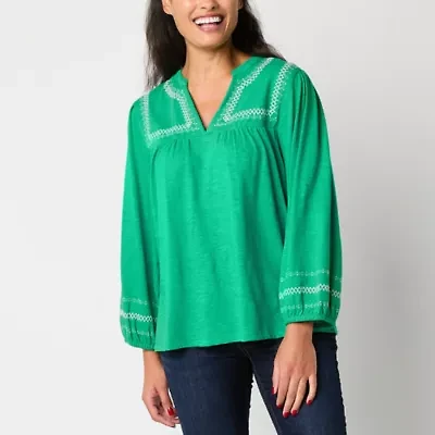 St. John's Bay Womens Split Crew Neck Long Sleeve Embroidered Blouse