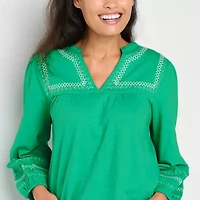 St. John's Bay Womens Split Crew Neck Long Sleeve Embroidered Blouse