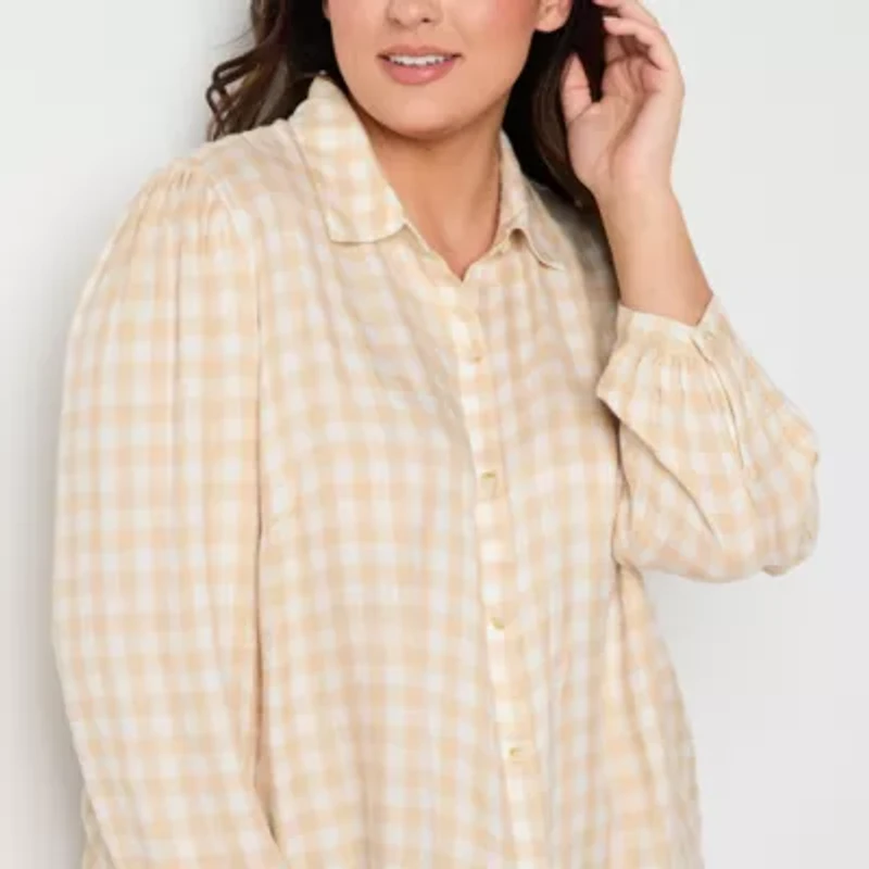 a.n.a Plus Plaid Shine Womens Long Sleeve Blouse