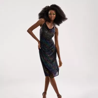 Bob Mackie Womens Sleeveless Sequin Midi A-Line Dress