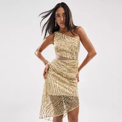 Bob Mackie Womens Sequin Sleeveless Off the Shoulder Midi Sheath Dress
