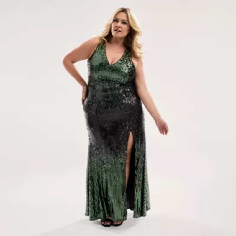 Bob Mackie Womens Plus Sleeveless Sequin Evening Gown