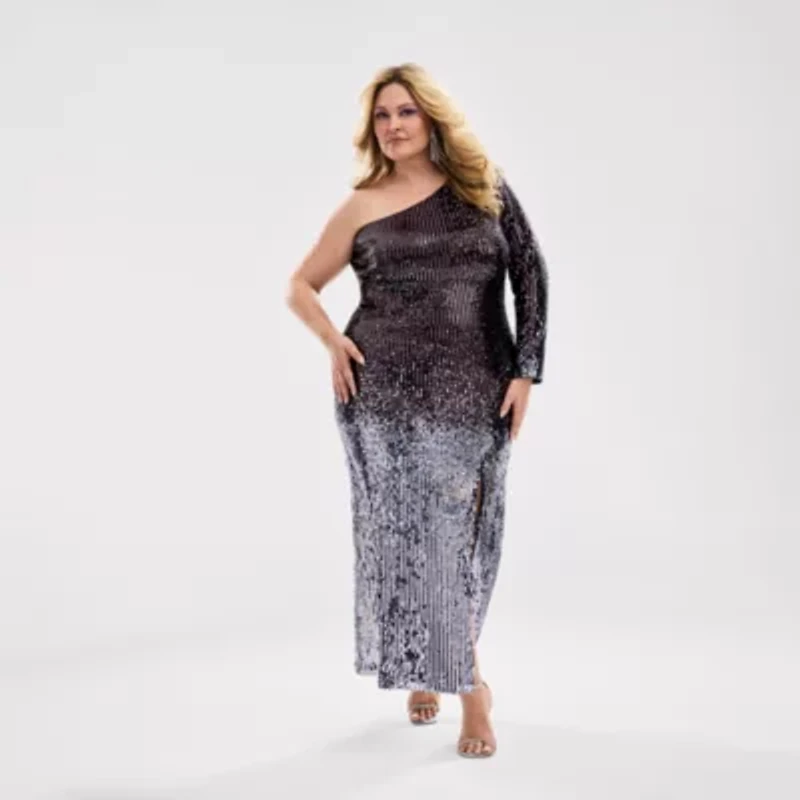 Bob Mackie Womens Plus Long Sleeve Sequin Evening Gown