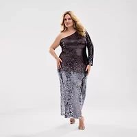 Bob Mackie Womens Plus Long Sleeve Sequin Evening Gown