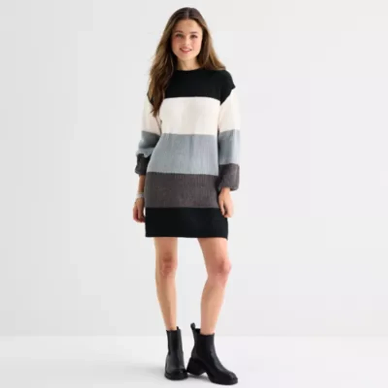 by&by Womens Long Sleeve Striped Sweater Dress Juniors