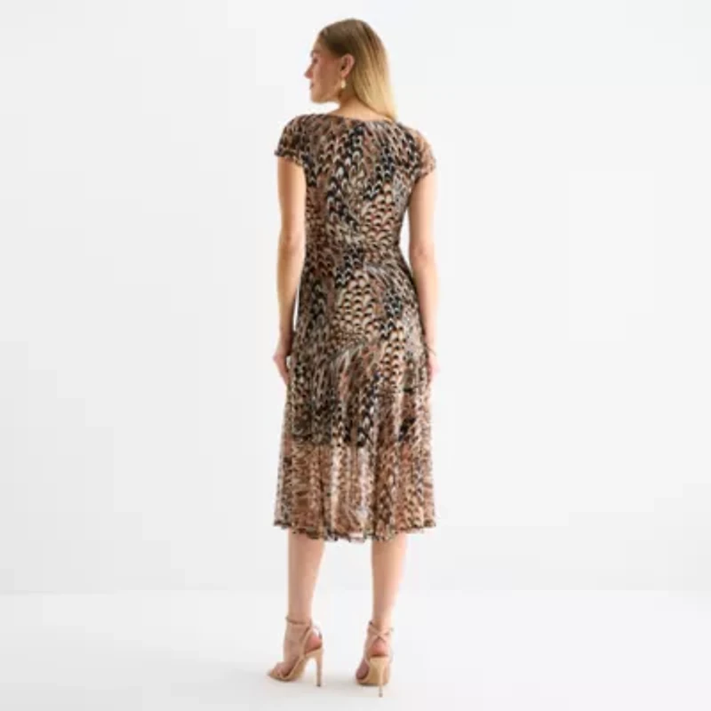 Robbie Bee Womens Short Sleeve Midi Fit + Flare Dress