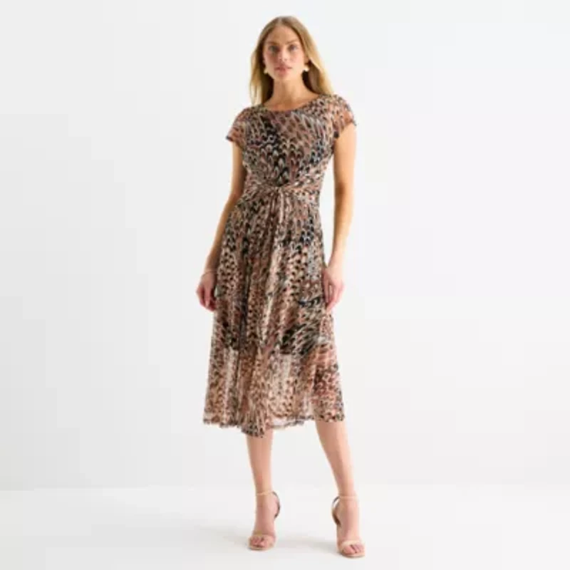 Robbie Bee Womens Short Sleeve Midi Fit + Flare Dress