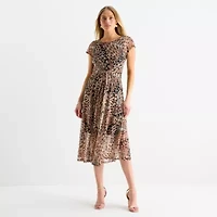 Robbie Bee Womens Short Sleeve Midi Fit + Flare Dress